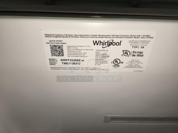 Whirlpool 36-Inch French Door Refrigerator, Model WRFF3536SZ, with in-door filtered water and ice maker, new condition.