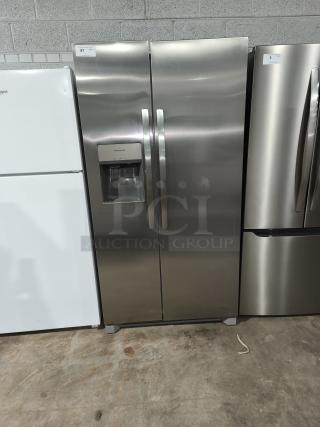 NEW Frigidaire side-by-side refrigerator, model FRSS26L3AFE, 25.6 cu ft, stainless steel, standard-depth, with ice dispenser.