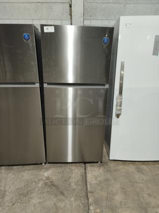 NEW Midea 18.1 cu ft top-freezer refrigerator, model MRT18D3BST, stainless steel, garage-ready with 2-year warranty.