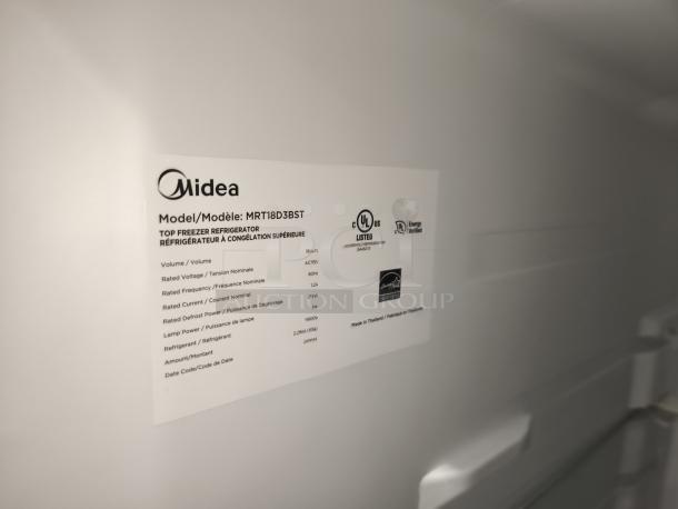 New Midea 18.1 cu ft top-freezer refrigerator, model MRT18D3BST, garage-ready, UL listed, energy-efficient.