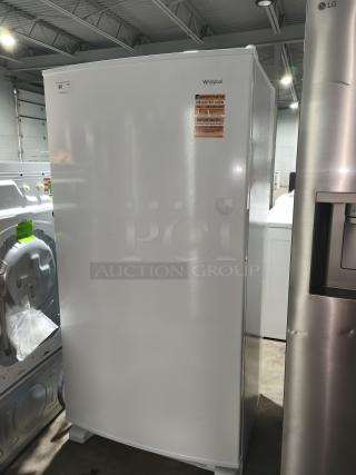 NEW Whirlpool 20 cu. ft. Upright Freezer, Model WZF34X20DW06, with LED lighting, new condition, registration label visible.