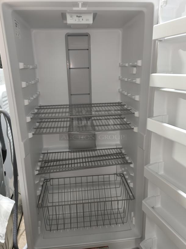 NEW Whirlpool 20 cu. ft. upright freezer, model WZF34X20DW06, with LED lighting, adjustable shelves, and storage baskets.