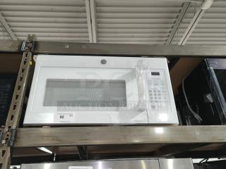 NEW GE 1.6 cu ft Over-the-Range Microwave Oven, Model JVM3160DF9WW, white finish, keypad controls, in original packaging.