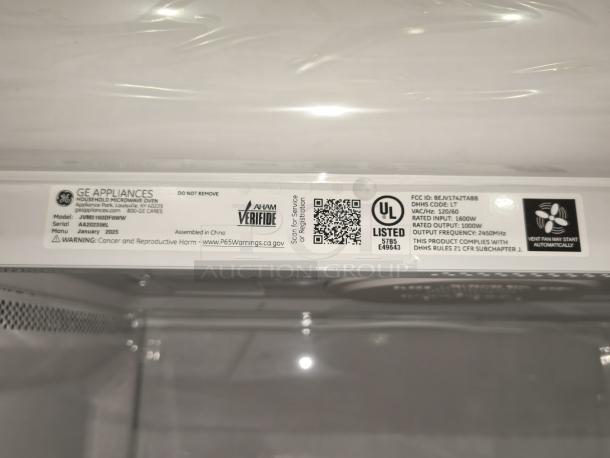 GE 1.6 cu ft Over-the-Range Microwave, Model JVM3160DF9WW, new condition. UL listed, 1000W output, manufactured January 2025.