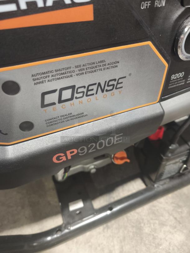 Generac GP9200E Portable Generator, 9200 running watts, COsense technology label, automatic shutoff feature.