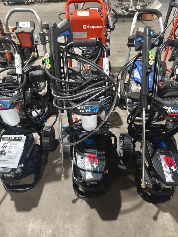 AR Blue Clean XP3-2400 Electric Pressure Washer, tested, working. Features PSI 2400, GPM 1.6. Includes hose, lance.