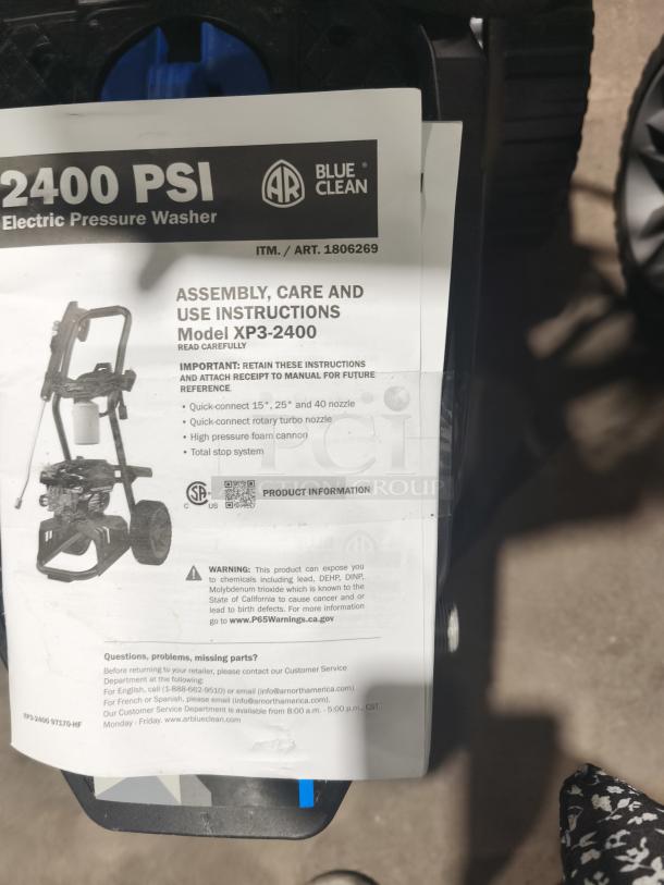 AR Blue Clean XP3-2400 Electric Pressure Washer, 2400 PSI, tested, includes assembly instructions and quick-connect nozzles.