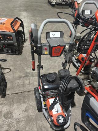 Husqvarna PW-3200 gas pressure washer, model 022007, 3200 PSI. Includes hose, control panel, and visible branding. Good condition.