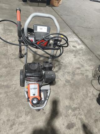 Husqvarna PW-3200 gas pressure washer, model 022007, 3200 PSI, tested working condition, visible control panel and hose.