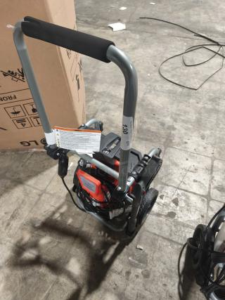 Husqvarna PW2300 Electric Pressure Washer, gray and red, tested and working, sturdy wheels, visible power cord.