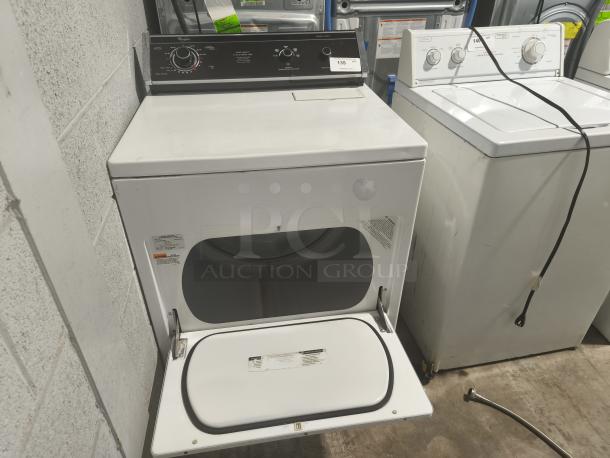Whirlpool top-load electric dryer model LE7680XSW2, white. Open door with control panel visible. Good condition.