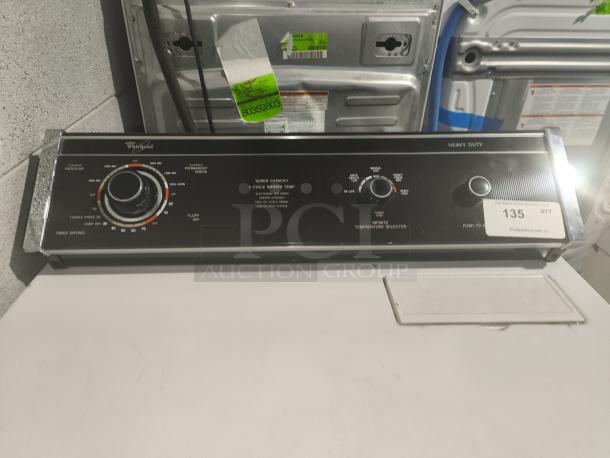 Whirlpool top-load electric dryer, model LE7680XSW2, features super capacity, cycle settings on control panel, used condition.