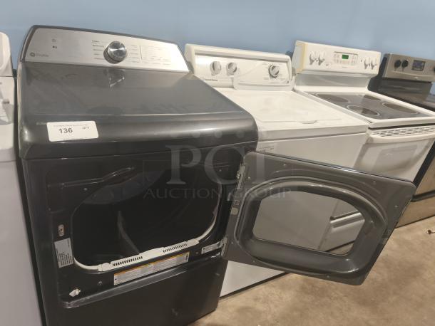GE Profile 7.4 cu ft Smart Electric Dryer in Diamond Gray, Model PTD60EBPRDG, open door, control panel visible, good condition.