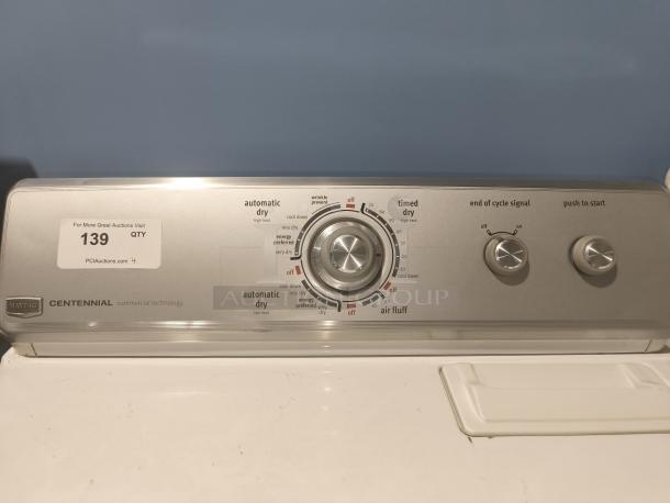 Maytag Dryer, Model MGDC400VW0, Centennial series, features automatic and timed dry options; auction tag visible.