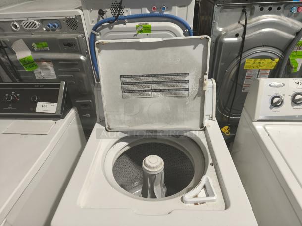 Estate TAWB600DQ0 direct-drive top-load washer, open lid, some rust, visible labels, used condition, white finish.