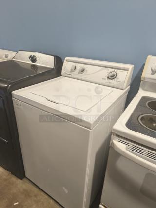 Speed Queen/Alliance AWN412SP111TW01 top-load commercial washer, white, heavy duty, excellent condition, model markings visible.