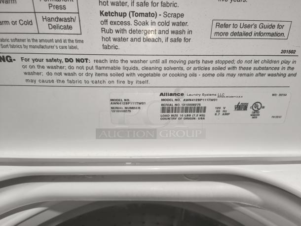 Speed Queen Alliance AWN412SP111TW01 commercial top-load washer, 16 lbs capacity, 120V, for laundromat use, USA made.