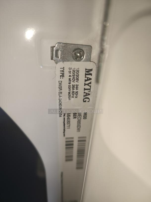 Maytag 7.0 cu ft Electric Dryer MEDX655DW1 label showing model, serial number, and electrical specifications.