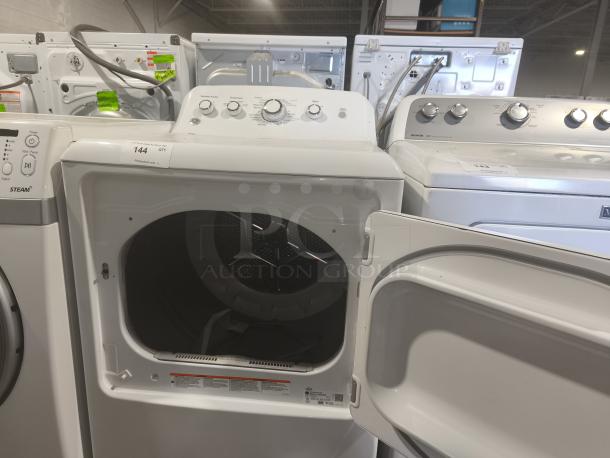 GE® 7.2 cu. ft. electric dryer, model GTD42EASJ2WW, with aluminized alloy drum. Open door and visible control panel.