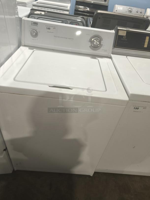Estate Top-Load Washer ETW4100SQ3, white, heavy-duty capacity, visible control knobs, slight wear. Auction tag: lot 149.