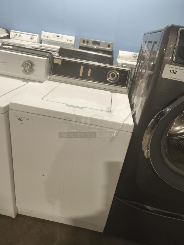 Maytag Washer Model A511, vintage machine with classic control panel, visible wear, and auction lot number tag.