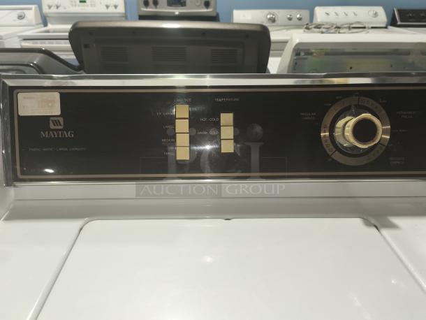 Maytag Washer Model A511, fabric-matic large capacity, control panel with load size and temperature settings, vintage condition.