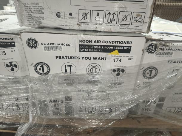 BRAND NEW GE model AWFS05BWL 5000 BTU window AC, scratch and dent condition, suitable for small rooms up to 150 sq ft. Packaging shows model and specifications.