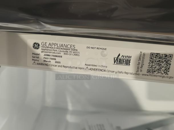 BRAND NEW GE 1.7 cu ft over-the-range microwave, model JVM6175SK6SS, scratch and dent condition, AHAM certified, manufactured March 2025.