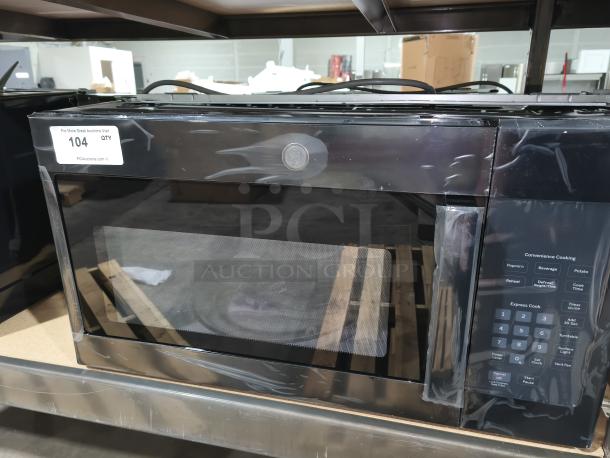 BRAND NEW GE 1.6 cu ft Over-the-Range Microwave JVM3160DFBB, black, slight scratches, control panel visible, auction label.