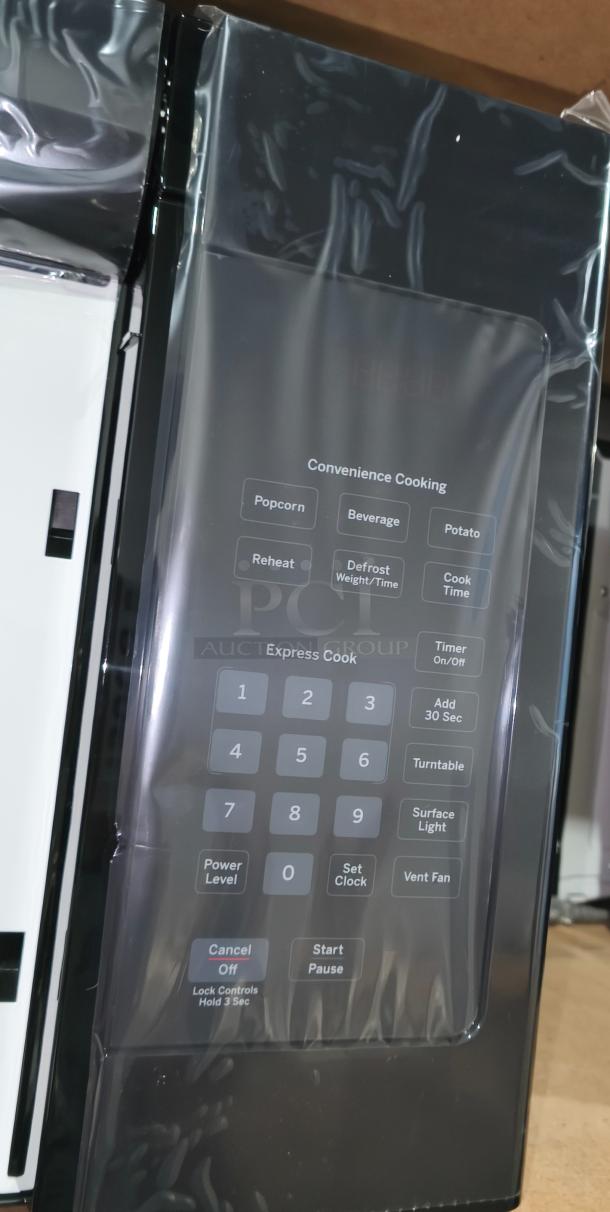 BRAND NEW GE 1.6 cu ft Over-the-Range Microwave (Model: JVM3160DFBB) with keypads visible; scratch and dent condition.