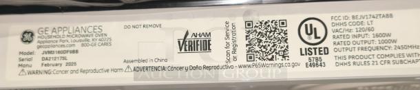 GE Over-the-Range Microwave, Model JVM3160DFBB, new condition, 1.6 cu ft, 1000W, scratch and dent, assembled in China.