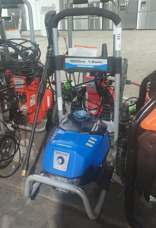 PowerStroke PS141913 pressure washer, 1900 PSI, 1.2 GPM, electric, blue, tested working, with visible handle and hose.