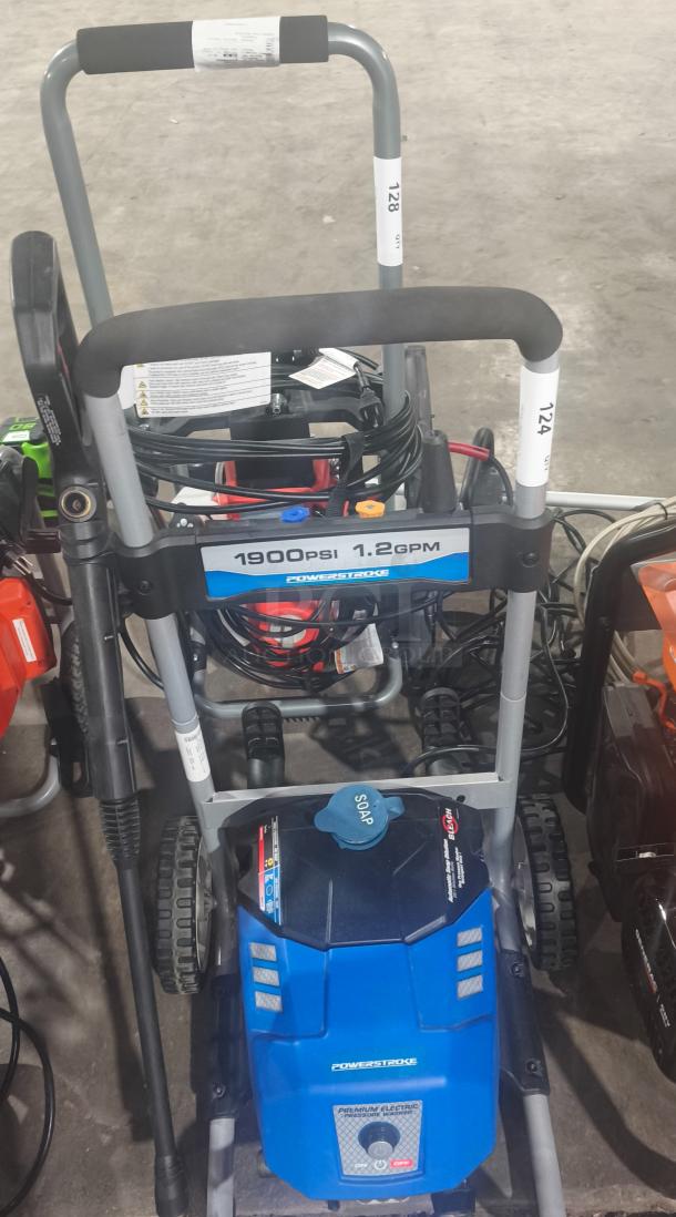 PowerStroke PS141913 pressure washer, 1900 PSI, 1.2 GPM, tested working, blue, includes hose and spray wand.