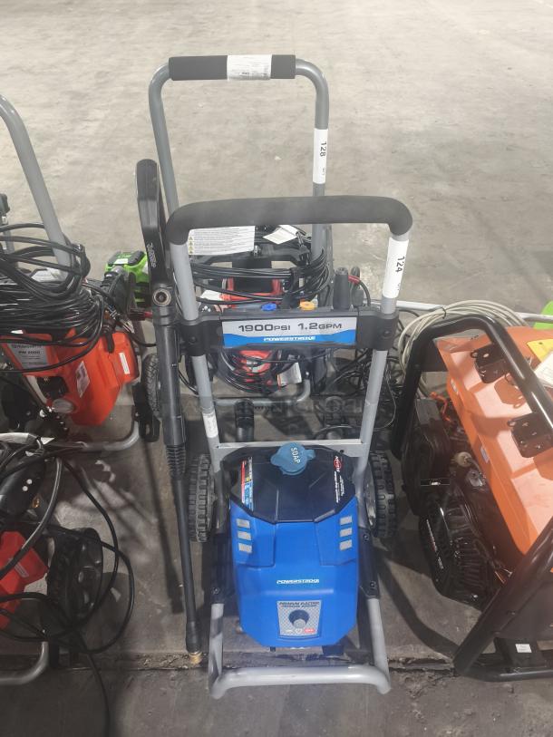 PowerStroke PS141913 pressure washer, 1900 PSI, 1.2 GPM, tested and working, blue body, visible labels, sturdy wheels.