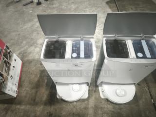Ecovacs DEEBOT T10 OMNI with dual spinning mops, auto-cleaning station, and AIVI camera. Model CH2208, shown on a concrete floor.