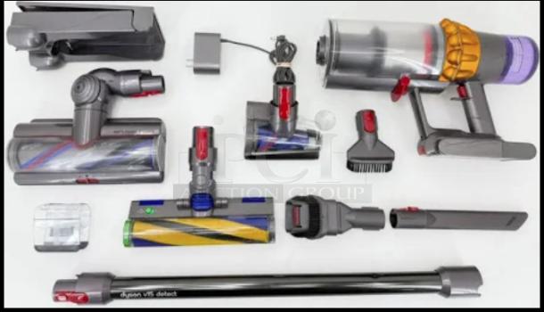 Dyson SV47 cordless vacuum with attachments, featuring high suction power, laser head, HEPA filtration, and digital motor.