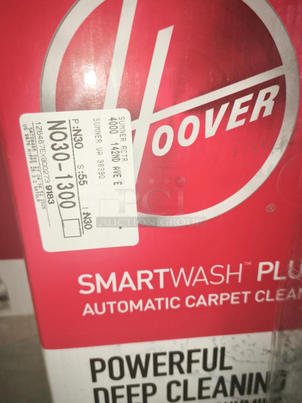 NEW Hoover SmartWash+ Automatic Carpet Cleaner, Model RCTR 4000, in box. Features powerful deep cleaning, labeled details.