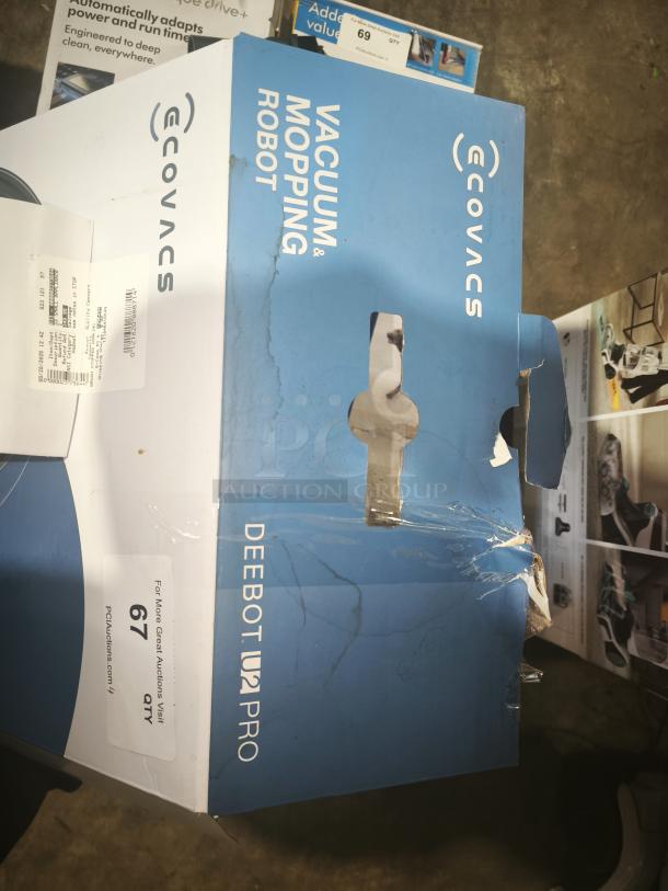 ECOVACS DEEBOT U2 PRO vacuum and mopping robot in box, slight packaging damage. Model details visible on label.