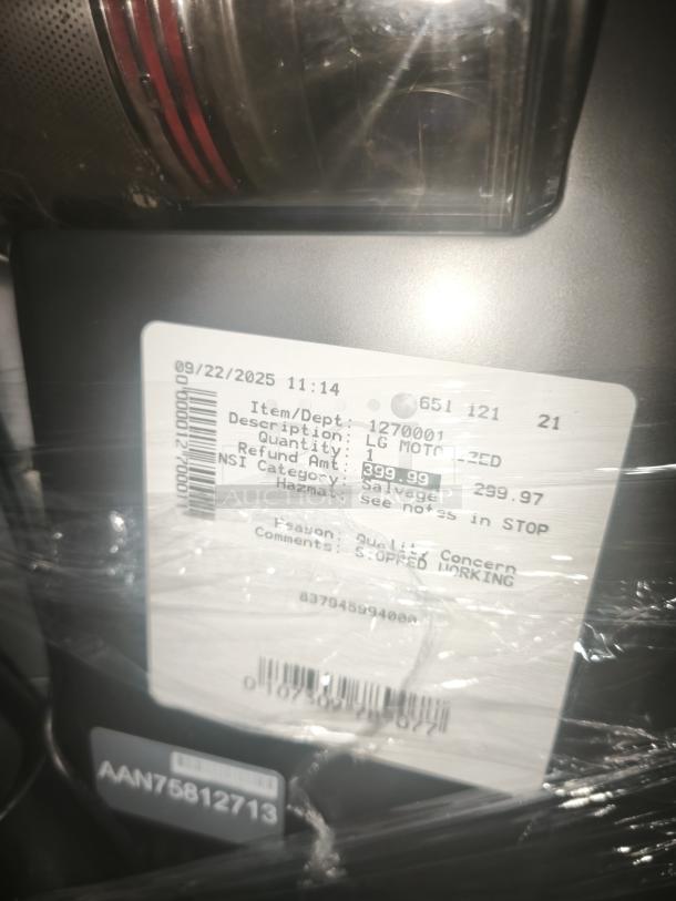 LG CordZero A9 Cordless Stick Vacuum, model A916BM, tested and working. Label shows quality concern, salvage marked.