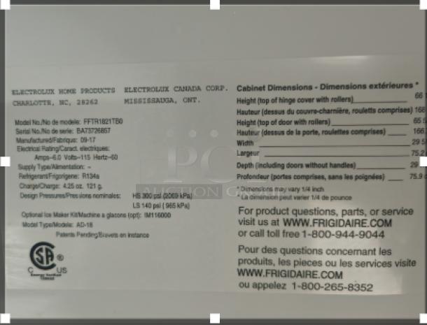 Frigidaire FFTR1821TB black top freezer refrigerator label showing model details and dimensions.