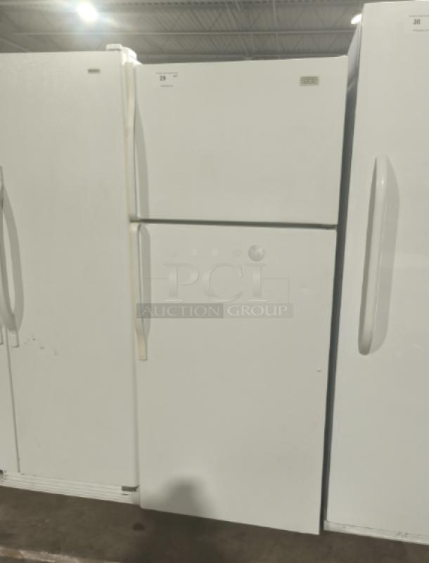 Roper Model RT18BKXKQ00 refrigerator/freezer, white, top freezer, used condition, visible door handles, auction item #28.