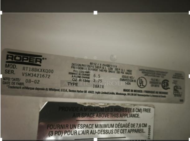Roper Model RT18BKXKQ00 refrigerator/freezer label, serial VSM3421672, manufactured 08-02, includes design and safety details.