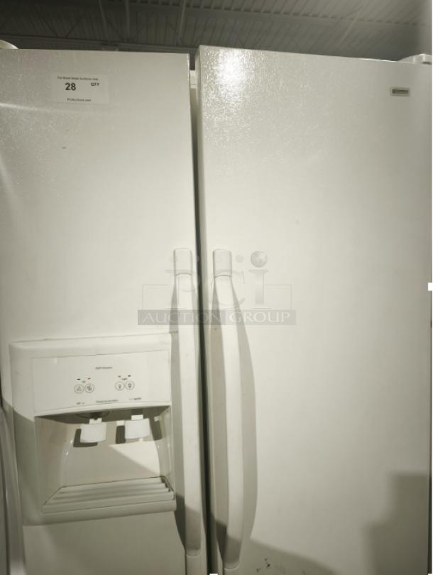 Kenmore Coldspot Model 10657362700 refrigerator, white, dual doors, built-in ice and water dispenser, good condition.