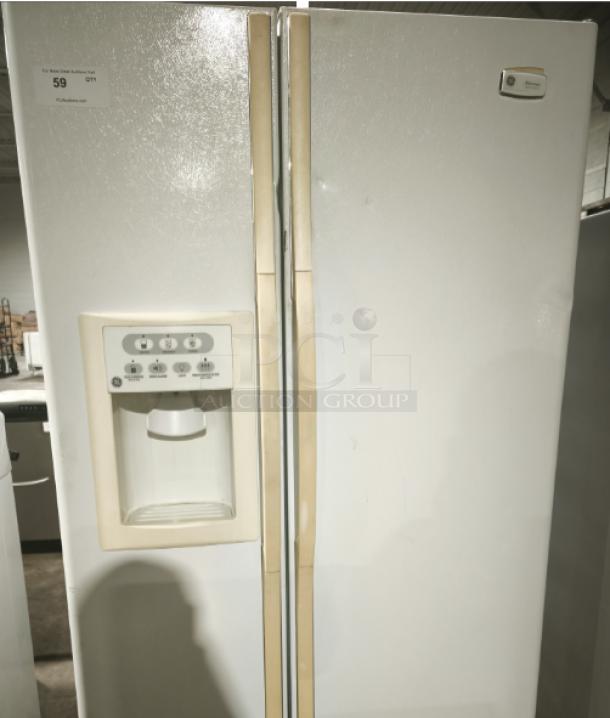GE Eterna-series refrigerator, model ess25lgmb, white, side-by-side doors, built-in ice and water dispenser, good condition.
