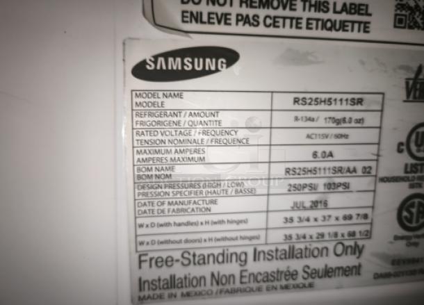 Samsung RS25H5111SR label with installation details, refrigerant amount, and manufacture date.