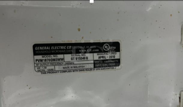 GE Profile Spacemaker Microwave, Model PVM1870DM3WW, Serial GT913348B, made in 2010, UL listed, manufactured in Malaysia.