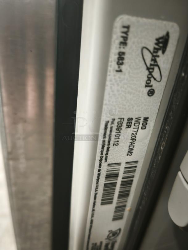 Whirlpool Gold dishwasher model WDT720PADM2, label view showing model and serial number, built-in type.