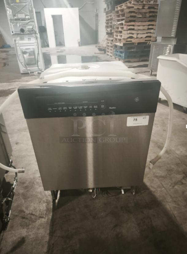 GE Built-In Full-Console Dishwasher, model gsd3960L00ss, stainless steel, includes visible hoses, auction tag number 75.