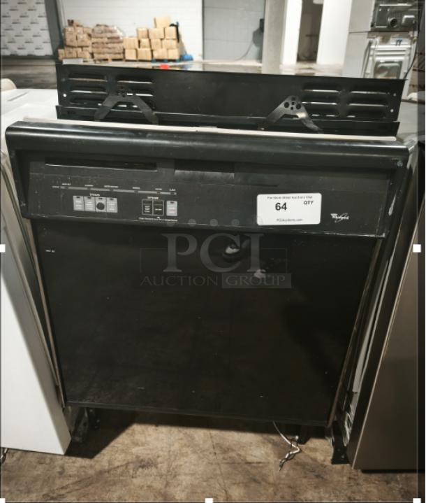 Whirlpool DU925QWDB0 undercounter dishwasher, black finish, front control panel, visible auction tag, good condition.