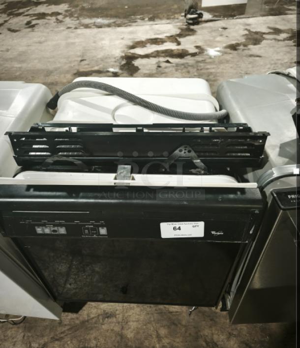 Whirlpool undercounter dishwasher, model DU925QWDB0. Black finish, visible control panel, tag showing item 64. Fair condition.